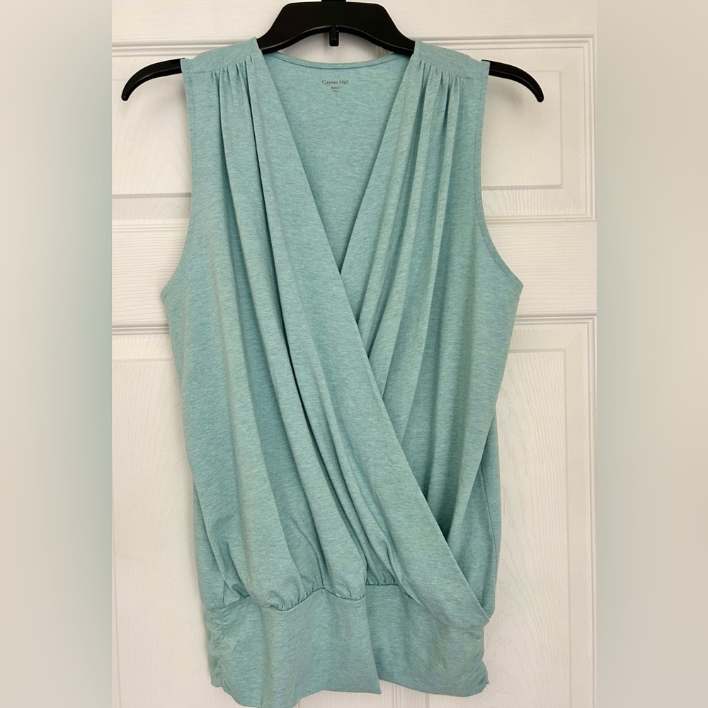 Garnet Hill Essential Banded Surplice Knit Tank Sleeveless Wrap Large Blue Green